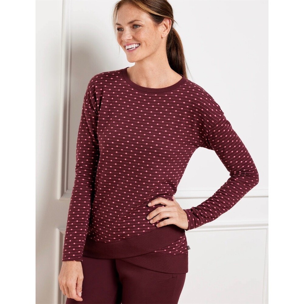 T by Talbots Sweater Womens 2XL Petite Burgundy Pink Polka Dot Wrap Hem Pullover